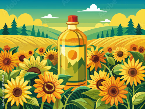 vector of Sunflower oil in a field of sunflowers.