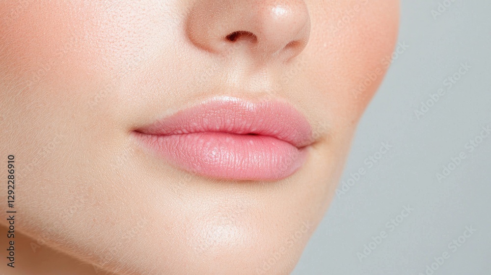 Obraz premium Close-up of woman's lips, beauty, skincare, studio shot, grey background
