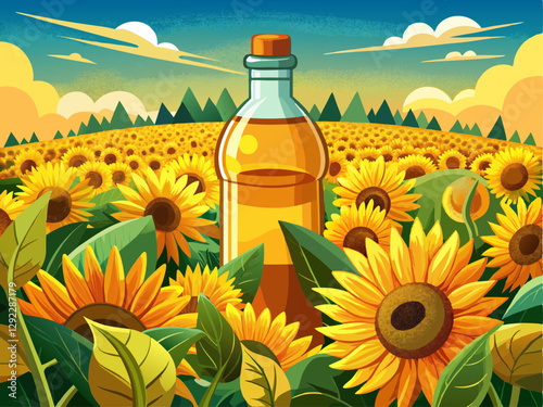vector of Sunflower oil in a field of sunflowers.
