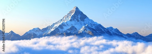 This panoramic view focuses closely on Kthe second highest mountain globally, with Angel Peak and Nera Peak visible on the left, located in Concordia, Pakistan photo