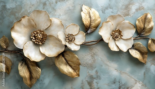 Fototapeta Naklejka Na Ścianę i Meble -  Ornate flowers, gold leaves, teal backdrop, wall decor