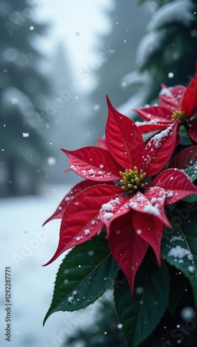Bright red poinsettia leaves in a snowy landscape, festive, snowfall