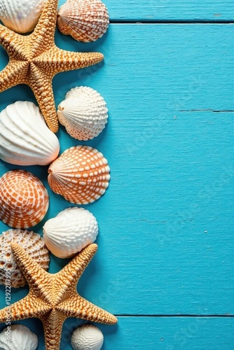 Close-up of assorted seashells and starfish on a painted blue wooden surface , oceandecor, coastaldecor photo