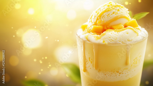 Mango Milkshake with Ice Cream and Mango Drizzle on a Golden Background