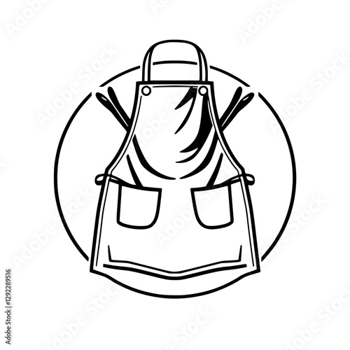 Apron with utensils: Black and white, simplified, and within a circle, with tools on the top.