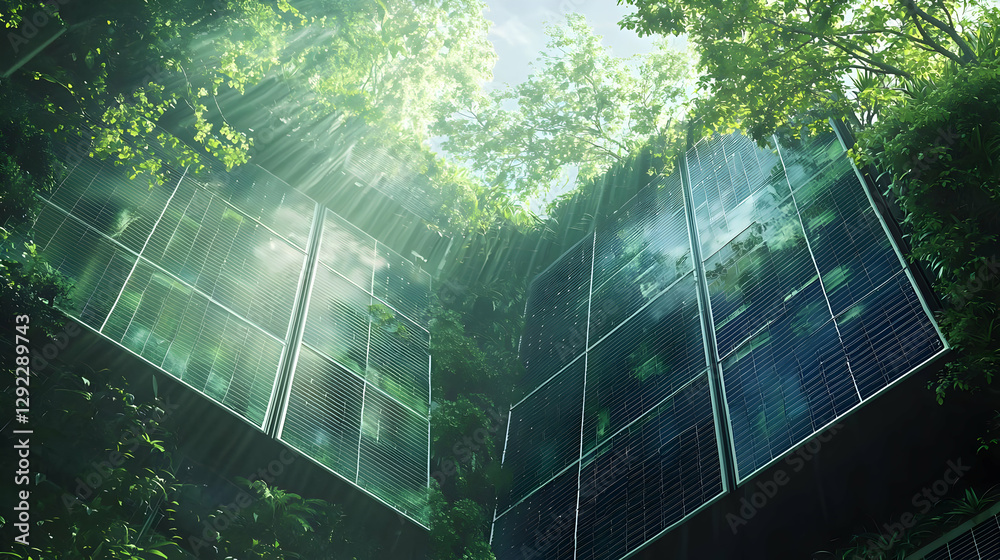 Sunlight Filtering Through Trees with Solar Panels in a Green Forest Landscape