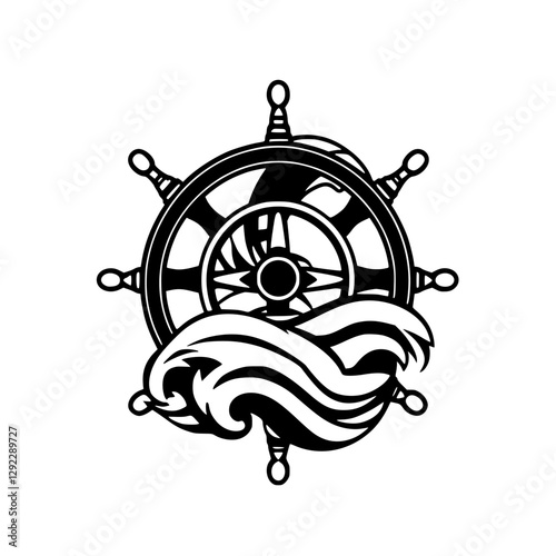 Classic monochrome illustration featuring ship's wheel with the rudder and waves