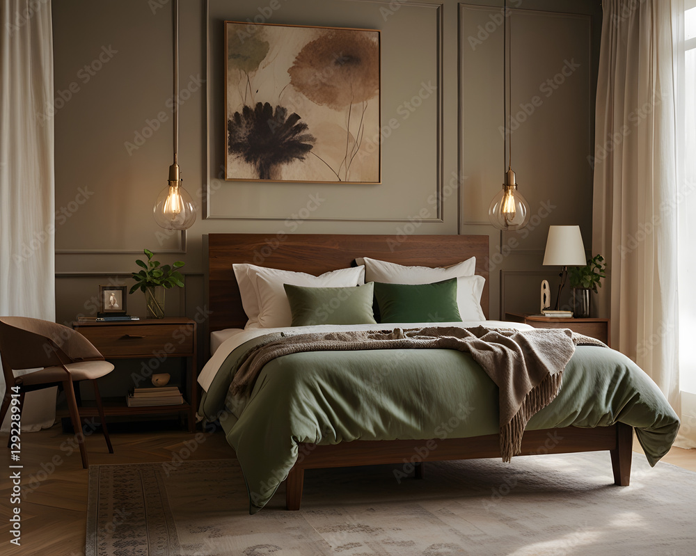 Fototapeta premium Cozy Wooden Bedroom with Elegant Decor
