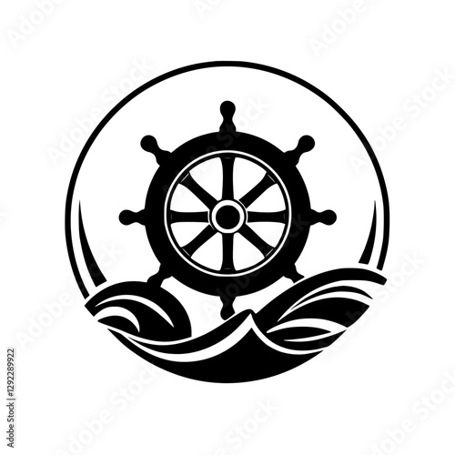 Black and White Nautical Wheel Logo, Ship's Wheel on Waves within a Circle.