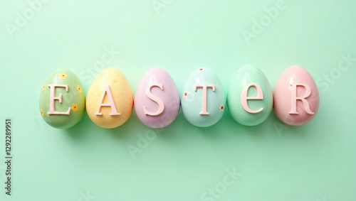 Colorful Easter eggs are arranged in a row, each uniquely decorated with pastel hues and designs, set against a light green background