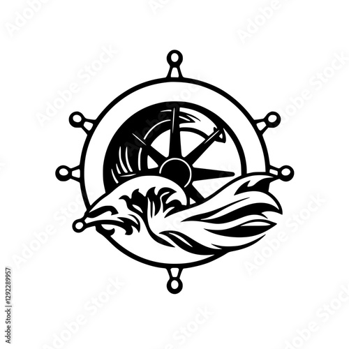 Black and white nautical illustration of a ship's wheel and waves.