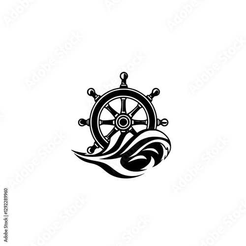Monochromatic Ship's Wheel and Ocean Wave Nautical Logo, black and white, modern, nautical, and minimal.