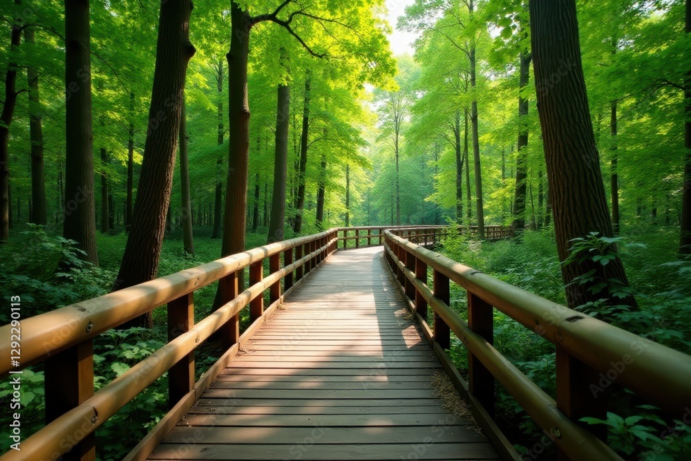 Fototapeta premium Elevated walkway through forest, wooden signage, trees, serenity