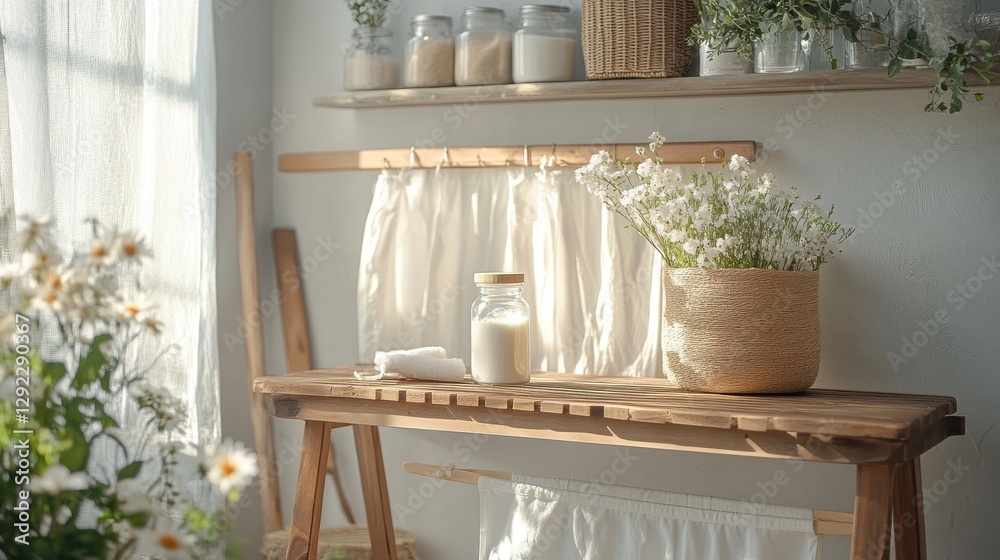 Serene Indoor Decor with Natural Light, Fresh Flowers, and Minimalist Furniture Arrangement