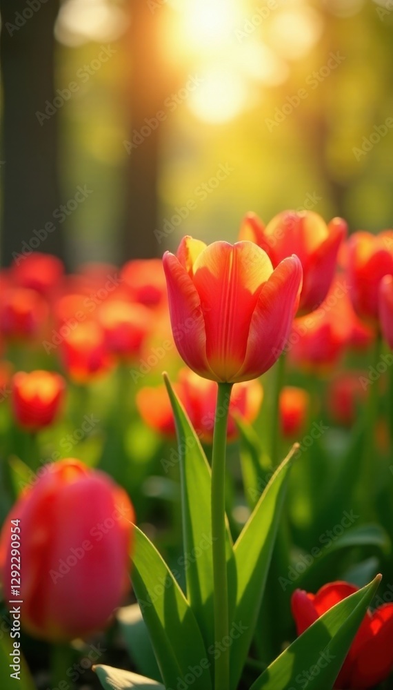 Sunlit tulip display in a lush park flowerbed, vibrant, leaves, park Sunlit tulip display in a lush park flowerbed, vibrant, leaves, park