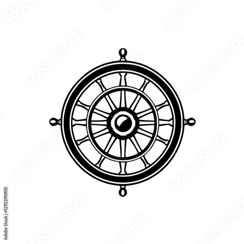 Black and White Nautical Ship's Wheel, Classic Design, Isolated on White