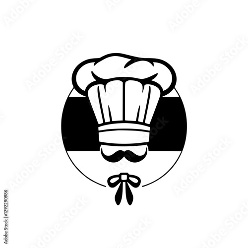 Chef's Hat Logo: A culinary theme, presented in black and white, featuring a chef's hat, a mustache, and a bow tie within a circular frame.