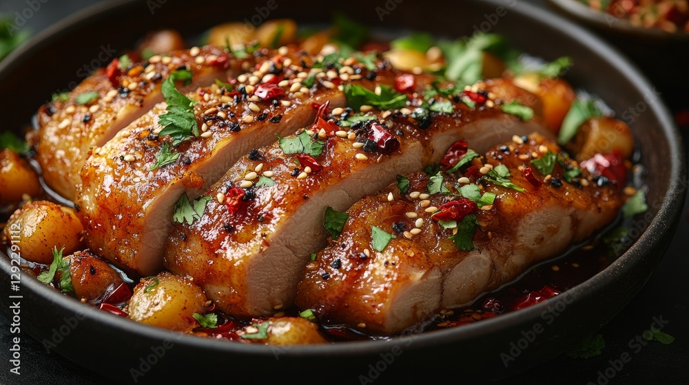 A entire spicy duck topped with sesame seeds, red oil, spices, Sichuan peppercorns, and dried chili segments A entire spicy duck topped with sesame seeds, red oil, spices, Sichuan peppercorns, and dried chili segments