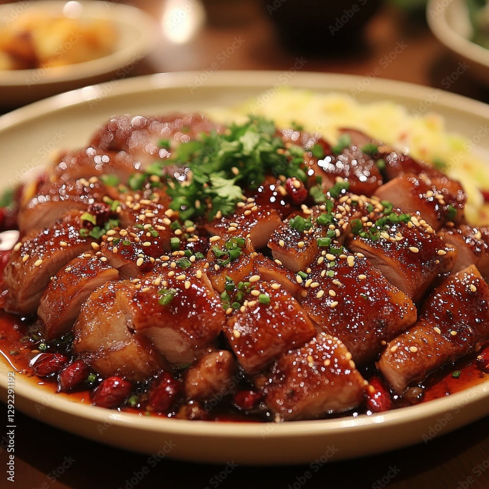 A entire spicy duck topped with sesame seeds, red oil, spices, Sichuan peppercorns, and dried chili segments A entire spicy duck topped with sesame seeds, red oil, spices, Sichuan peppercorns, and dried chili segments
