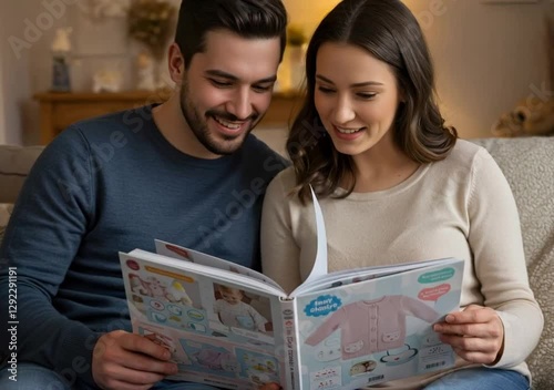 Filled with joy, an expecting couple selects baby items from a catalog, embracing the excitement of their new journey.