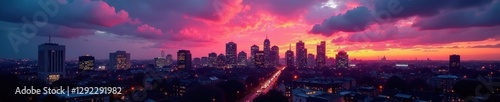 Dramatic Manchester dusk, cityscape with vibrant sky, architectural detail, detail, image, evening