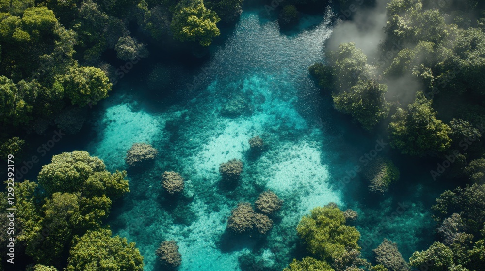 Aerial view of a vibrant coral lagoon surrounded by lush greenery and misty atmosphere
