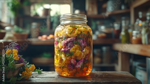 A rustic interior with every conceivable detail can be seen in the backdrop, with fermented veggies in a mason jar.