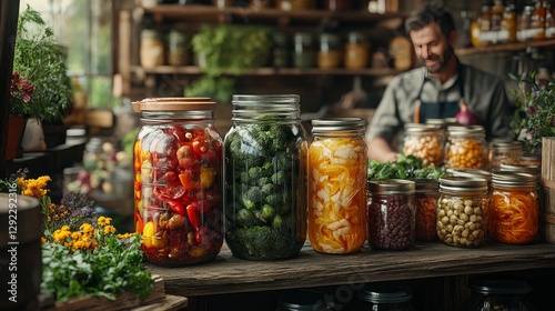 A rustic interior with every conceivable detail can be seen in the backdrop, with fermented veggies in a mason jar.