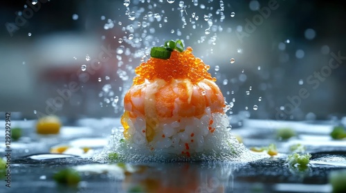 Sushi with water splashes on a plate, restaurant background photo