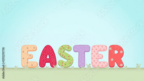 Colorful letters that form the word Easter are prominently displayed in a playful style. The background features a light blue sky with green grass below