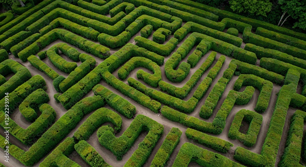 Aerial view of a labyrinth garden with intricate hedge designs and pathways Aerial view of a labyrinth garden with intricate hedge designs and pathways