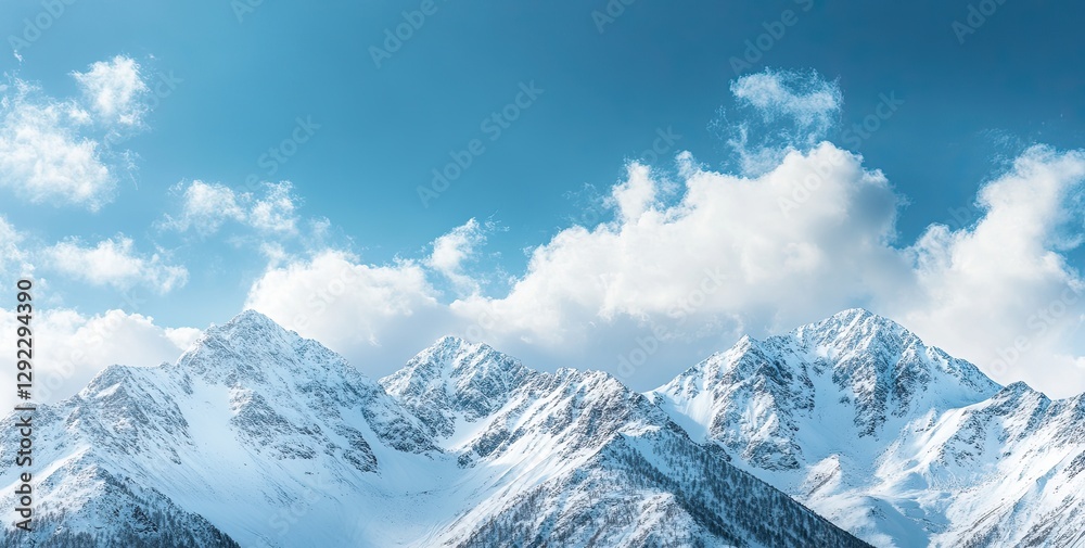 A stunning expanse of snow-covered mountain peaks exhilaratingly bound the horizon with a brilliant blue sky A stunning expanse of snow-covered mountain peaks exhilaratingly bound the horizon with a brilliant blue sky