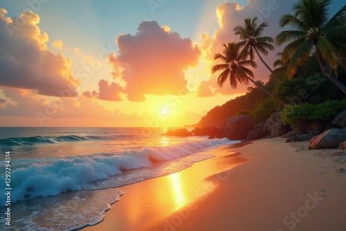Golden sunset paints sky above palm-lined beach, tranquil ocean waves , tranquility, sky, idyllic
