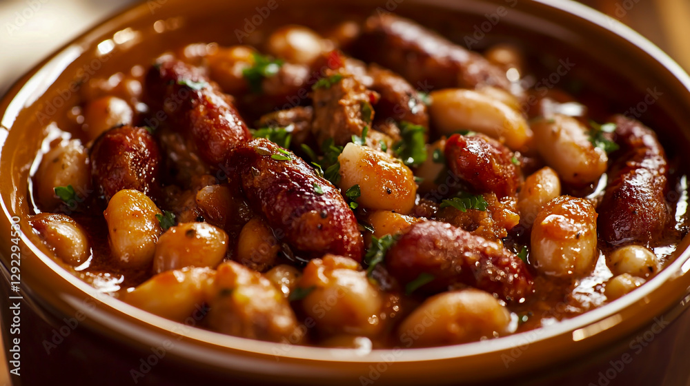 The addition of chorizo gives a spicy kick to traditional cassoulet, making it a hearty meal The addition of chorizo gives a spicy kick to traditional cassoulet, making it a hearty meal
