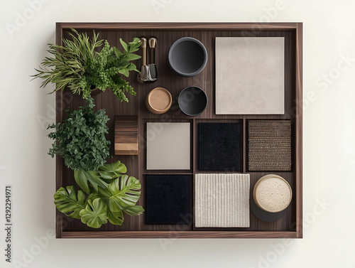 Hyper realistic photo top down view product photography a material moodboard with square swatches placed in a walnut wood tray organized in a grid layout smooth bla photo