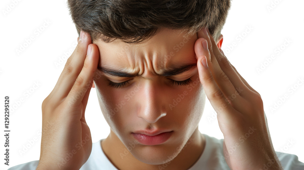 Close-up of stressed young man suffering from headache, touching his temples with fingers, isolated on transparent background Close-up of stressed young man suffering from headache, touching his temples with fingers, isolated on transparent background