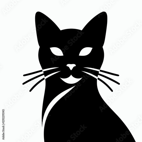 Stylized black cat silhouette with prominent features on a white background, featuring copy space