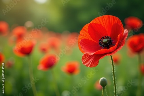 Vibrant red poppies bloom in a summer flowerbed , flowerbed, image, sun