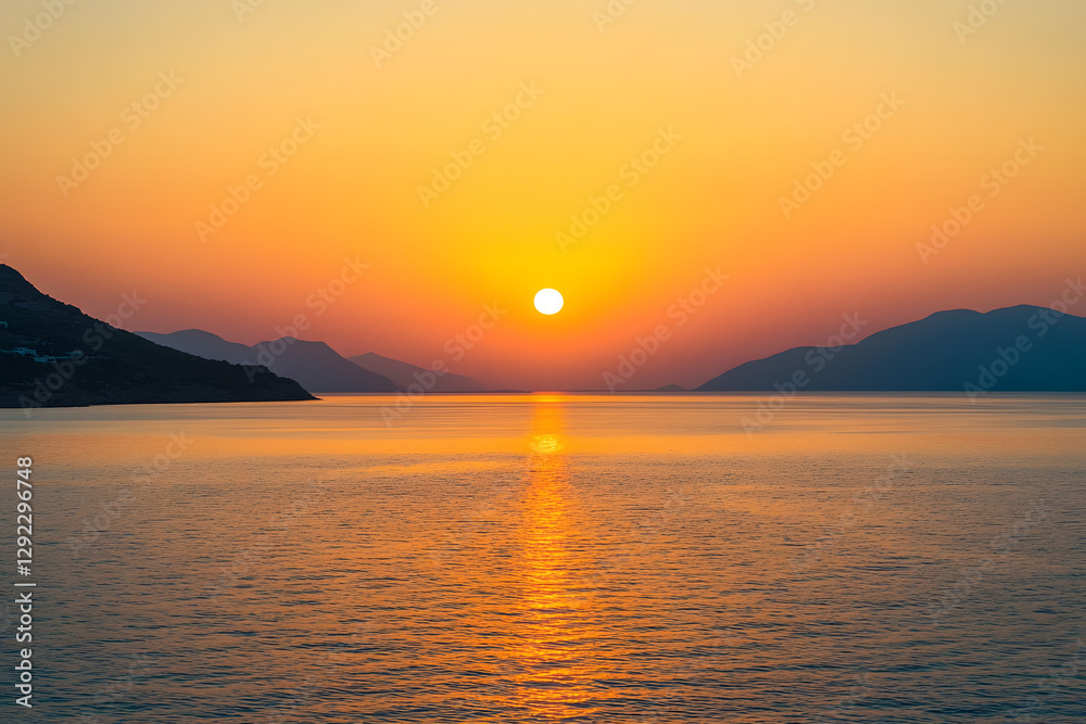 Sunset over the sea, an orange sky, the sun in the middle of the horizon, a calm water surface, a peaceful nature background Sunset over the sea, an orange sky, the sun in the middle of the horizon, a calm water surface, a peaceful nature background