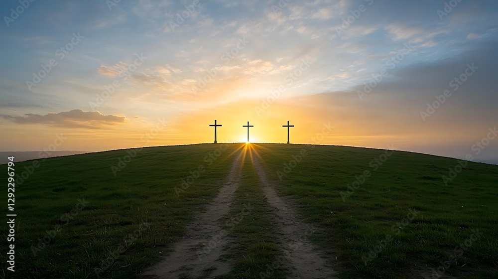 Obraz premium Three Crosses Silhouetted Against Dramatic Sunset Sky and Swirling Clouds Golden Sun Casting Long Shadows Over the Peaceful Countryside Landscape