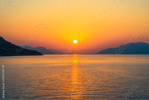 Sunset over the sea, an orange sky, the sun in the middle of the horizon, a calm water surface, a peaceful nature background
