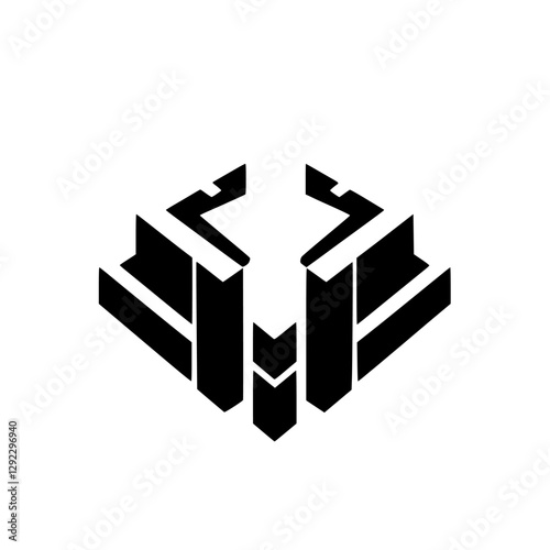 Abstract isometric composition featuring a black and white cube design with sharp angles and clean lines.