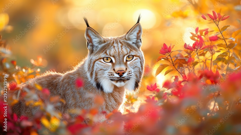 Fototapeta premium The golden eyes of a lynx reflect the warm hues of the sunset as it crouches among bright autumn blossoms.