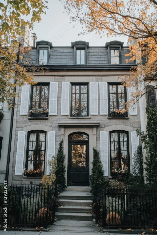 Nestled in a tranquil neighborhood, this enchanting historic house boasts elegant shutters and is beautifully adorned with vibrant autumn foliage Nestled in a tranquil neighborhood, this enchanting historic house boasts elegant shutters and is beautifully adorned with vibrant autumn foliage