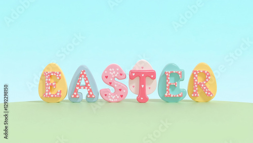 Colorful letters spelling Easter are arranged with decorative eggs on a green surface. The cheerful setting includes a bright blue sky, evoking springtime festivities and joy