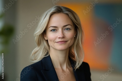 Woman in blazer smiles indoors with blurred art background, for professional use
