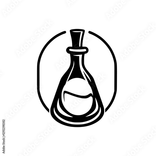 Bold black and white illustration of a potion bottle, enclosed in a circle.
