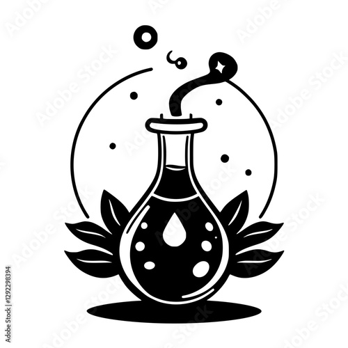 Black and white illustration of a laboratory flask emitting steam with leaves on a white background.