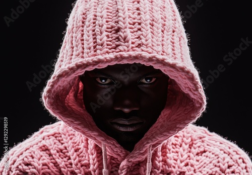 Wallpaper Mural Intense Portrait of Individual in Pink Hooded Sweater Against Black Background Torontodigital.ca