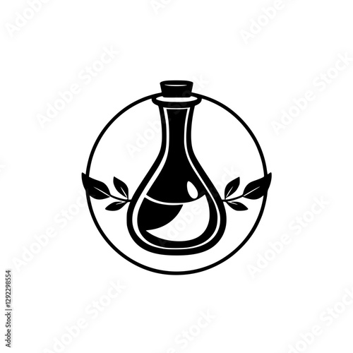 Laboratory Essential Oil Bottle with Leaves, a vector line art illustration.